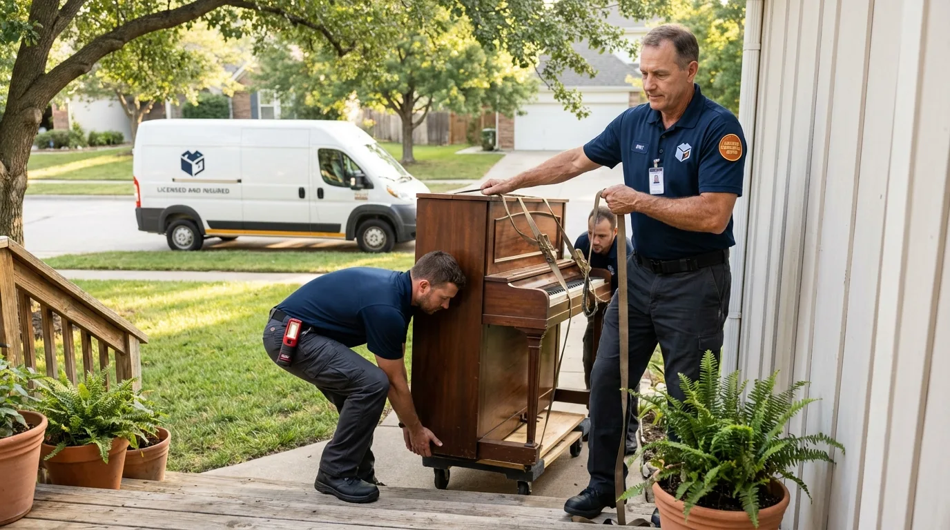 Licensed piano movers securing grand piano in Watsontown, PA