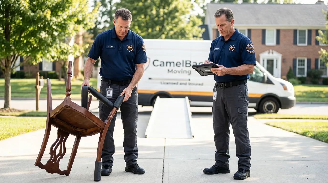 Movers inspecting furniture for damage prevention before loading in Watsontown, PA