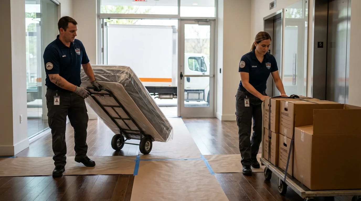 Professional apartment movers loading elevator in Watsontown, PA