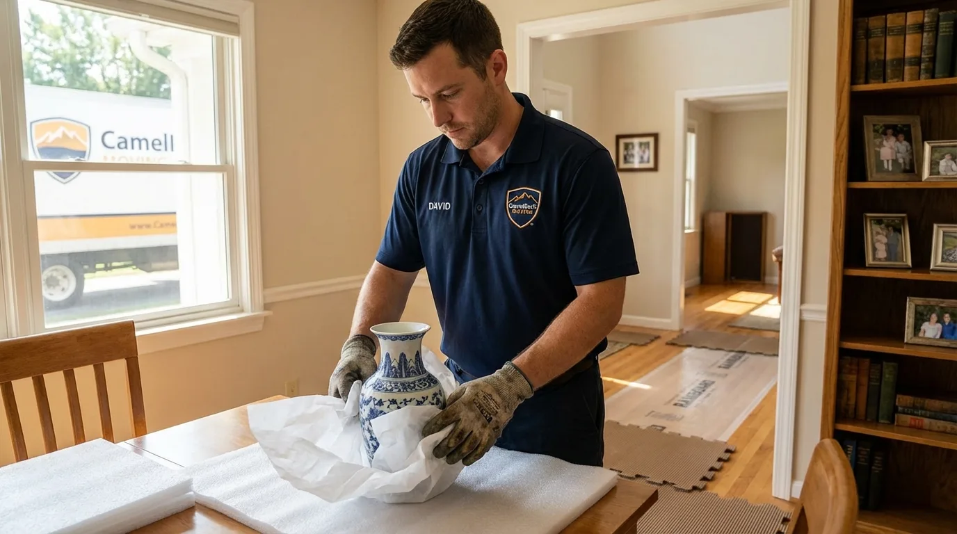 Professional crew carefully wrapping antique vase for senior downsizing move in Watsontown, PA